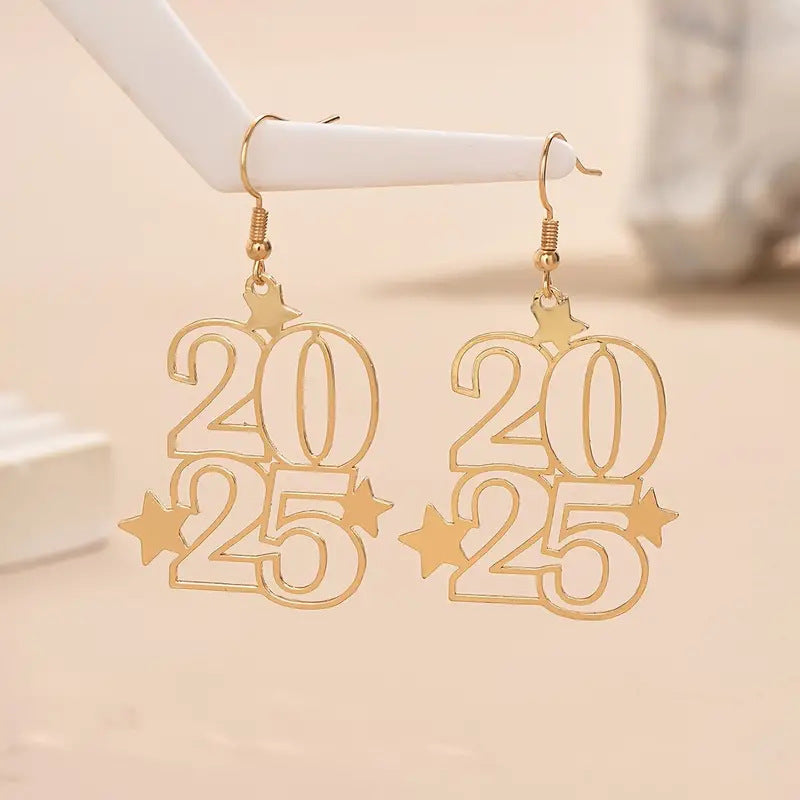 Shining bright in 2025 ring.      New Creative Gloden Number 2025 Dangle Earrings For Women Fashion Jewelry New Year Earring For Party