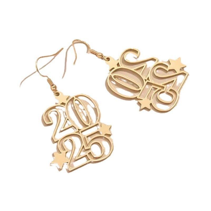 Shining bright in 2025 ring.      New Creative Gloden Number 2025 Dangle Earrings For Women Fashion Jewelry New Year Earring For Party