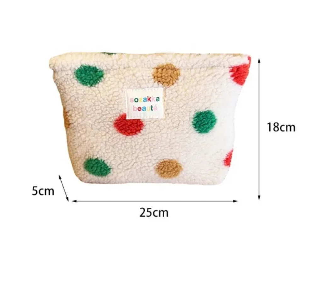 New Colorful Striped Dot Plush Clutch Cosmetic Bag