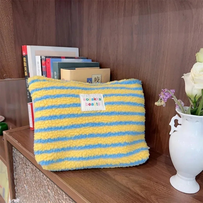 New Colorful Striped Dot Plush Clutch Cosmetic Bag