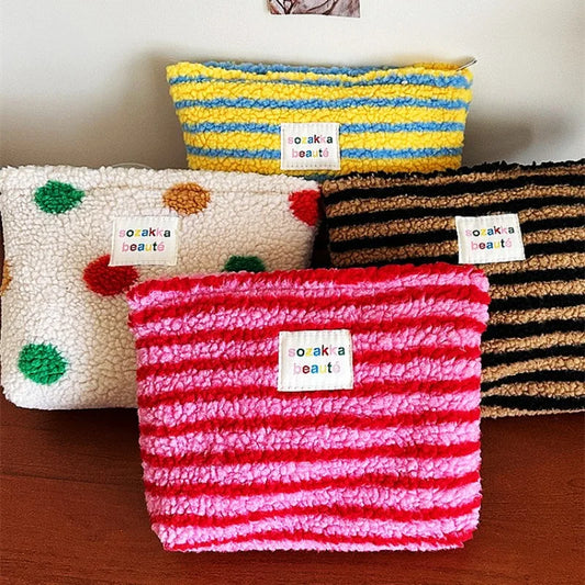 New Colorful Striped Dot Plush Clutch Cosmetic Bag