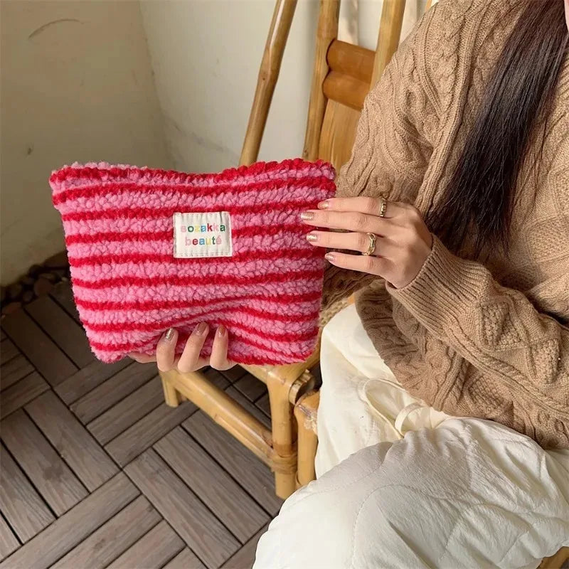 New Colorful Striped Dot Plush Clutch Cosmetic Bag