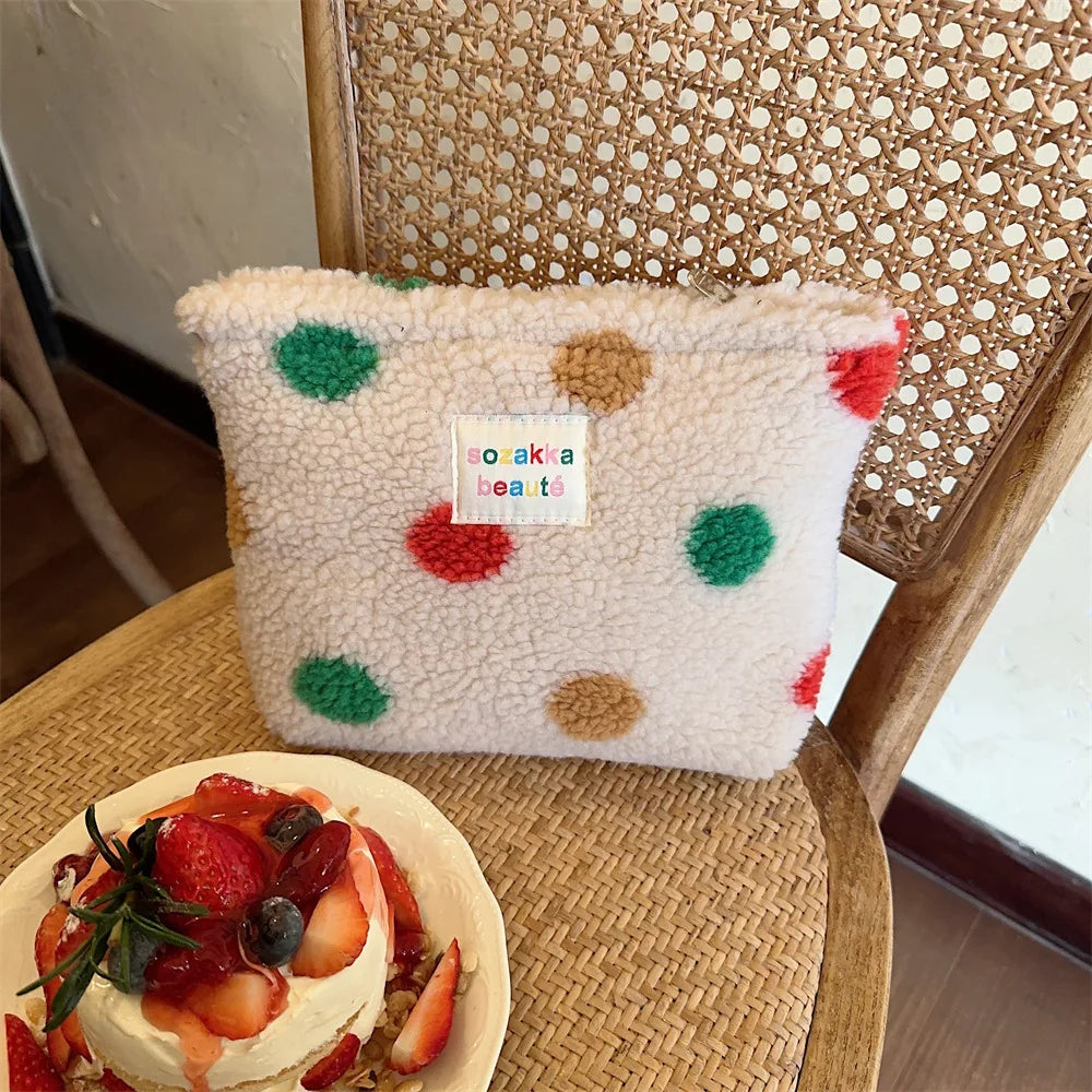 New Colorful Striped Dot Plush Clutch Cosmetic Bag